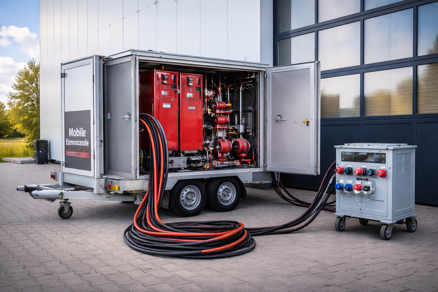 mobile elektroheizzentrale bei sonnenuntergang